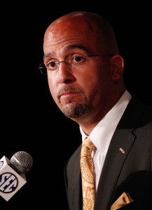 Vanderbilt Commodores head coach James Franklin talks with the media during the 2013 SEC football media days at the Hyatt Regency. Mandatory Credit: Marvin Gentry-USA TODAY Sports.